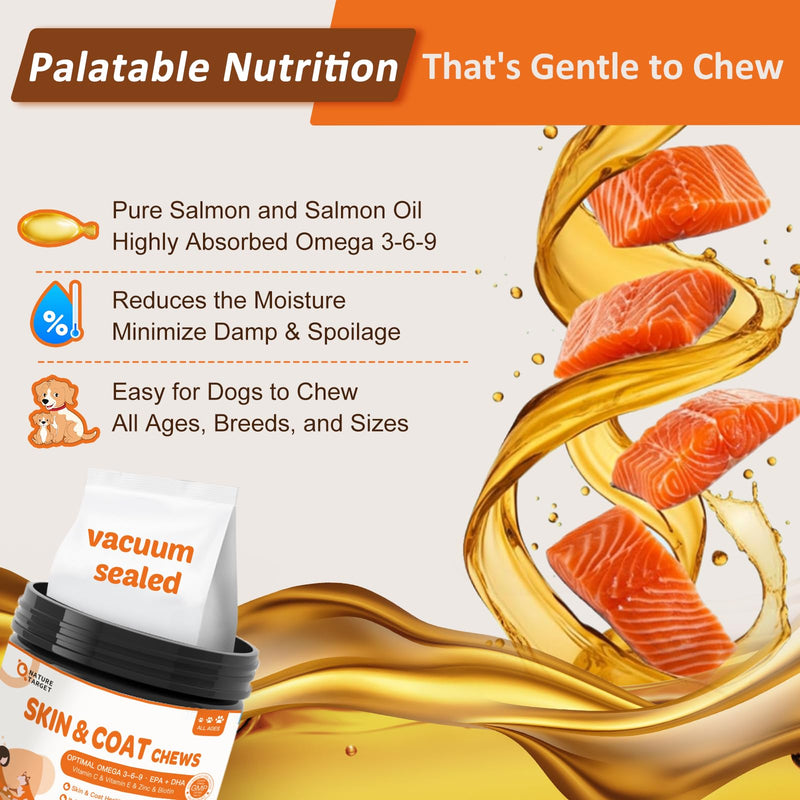 NATURE TARGET Omega 3 Fish Oil for Dogs, Salmon Oil Skin and Coat Supplement for Dogs Itchy Skin Relief with Omega 3-6-9 (EPA & DHA), Zinc, Biotin and Vitamin E & C - 120 Salmon Flavored Soft Chews 120 Chews