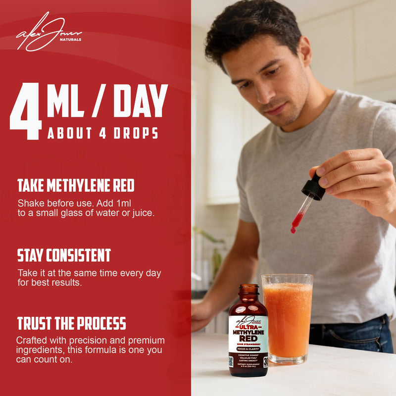 Alex Jones Ultra Methylene Red Drops - USP Grade High Purity Solution with B-Vitamins, ALCAR - 120 mL Dropper Bottle - 30 Day Supply - No Fillers or Dyes or Additives