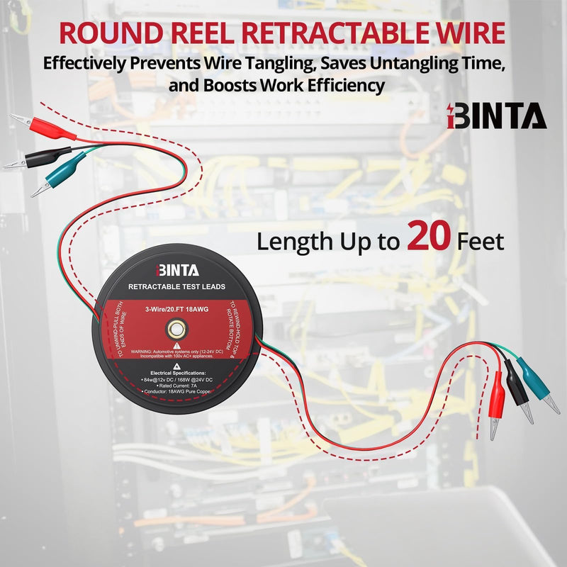BINTA 3 Wire 20 Ft Retractable Test Leads, Red/Black/Blue Alligator Clip Test Leads, 18 AWG Gauge Wire for Electrical Testing, Cars, Trailers