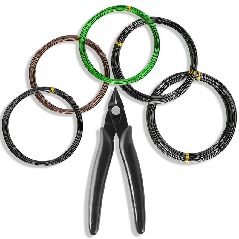 Sanlykate Bonsai Wire Tool Kit with Cutter, 5 Roll Tree Training Wires 164 Feet Total, 1.0mm, 1.5mm, 2.0mm Anodized Aluminum Wire Set, Hold Plant Branches Trunks (Black, Green, Brown) 1.0mm 1.5mm 2.0mm 5 Rolls Mixed 164 Ft, WITH Cutter