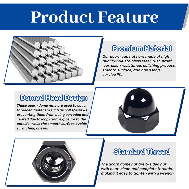 1/4"-20 Black Acorn Cap Nuts, 25Pcs Acorn Nuts, 304 Stainless Steel(18-8) Crown Cap Nuts for Bolt, Dome Head Hex Nuts for Indoor Outdoor, Bright Finish, 7/16 in Hex Wd 1/4"-20 (25Pcs)