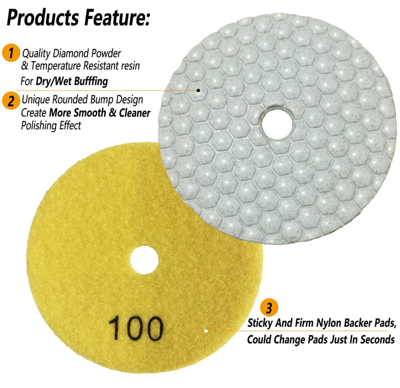 16 Packs Dry Diamond Polishing Pads Set, 4 Inch Dry/Wet Granite Bufffing Pad for Marble Quartz Concrete Stone Tiles - High Temperature Resistance Sanding Kit for Grinder Polisher Drill Set 1