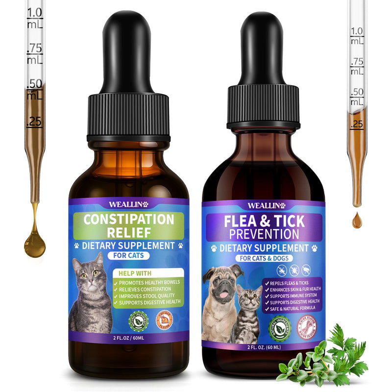 Cat Constipation Relief + Flea and Tick Support for Dogs and Cats – Natural Digestive Health & Natural Flea Protection for Cats and Dogs for All Breeds