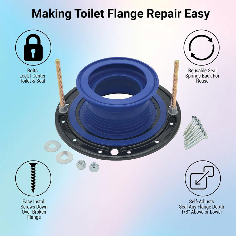 One N Done Toilet Flange Repair Kit - Complete Toilet Seal Repair For Wax Seal, Rubber Gasket Ring, Premium Nuts Includes 3 1/2-Inch Locking Zinc Bolts - Easy Toilet Bowl Repair (1, Blue)