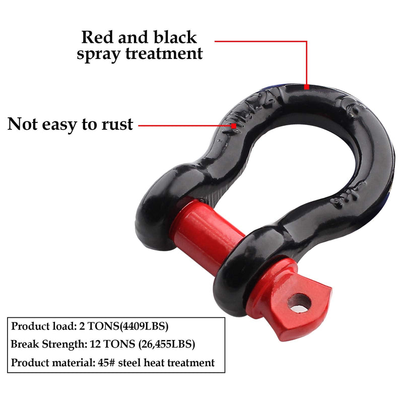 2Pcs 1/2 Inch D Ring Shackle, D Shackle Rugged 12 Ton(26,455 lbs) Maximum Break Strength, 2 Ton (4409 Lbs) Capacity 1/2Inch