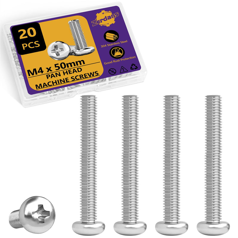 M4 x 50mm Machine Screws, 20PCS Pan Head Machine Screws 304 Stainless Steel Metric Machine Screw Assortment, Truss Head Bolts, Full Thread, Phillips Drive for Furniture Repairs and 3D Printer M4x50mm 20