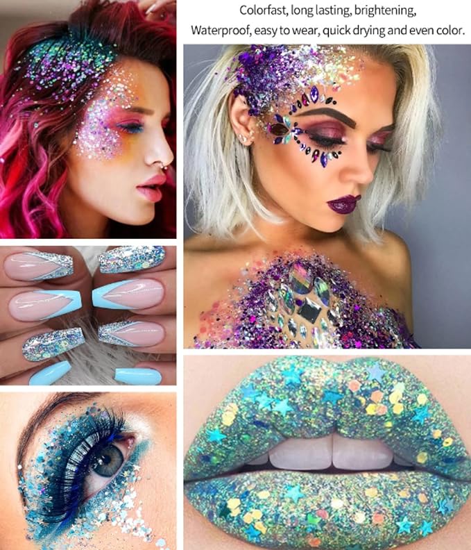 Body Glitter Gel, Face Glitter Gel, Long Lasting Mermaid Sequins, Holographic Chunky Glitter Makeup Body Face Hair Eyeshadow, Party Makeup Accessories (#09 White) - NewNest Australia