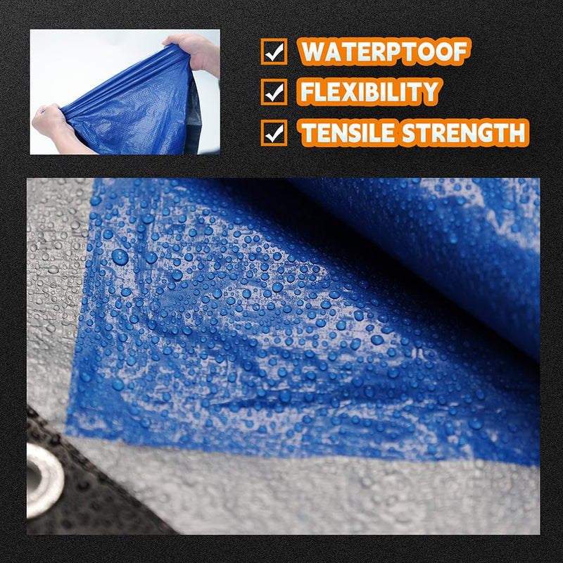 RAINDEWAY Tarps 8x10 Feet, 5.5 Mil - Multipurpose Waterproof Poly Tarp Cover with Metal Grommets and Reinforced Edges, Silver/Blue Tarp 8'×10'-Finished Size