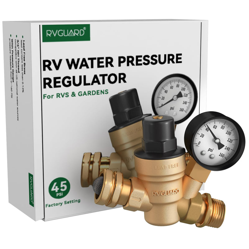RVGUARD RV Water Pressure Regulator Valve, Lead-Free Brass Adjustable Water Pressure Reducer with Gauge and Inlet Screen Filter for RV Camper Travel Trailer