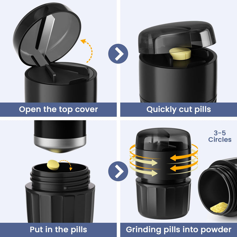 Renmingfed 3-in-1 Pill Crusher Pills Grinder, Pill Crushers Fine Powder with Stainless Steel Grinding Pestle, Pills Grinders for Elderly and Pets with Tablet Cutter and Storage (Brush Included) Black