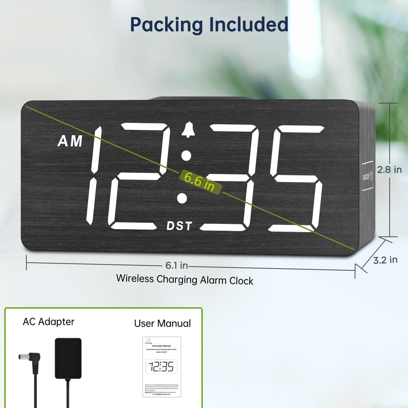 DreamSky Wooden Digital Alarm Clock with Wireless Charging for Bedroom, Bedside Nightstand Clock with Charger Station, USB Port, Large Numbers, Adjustable Volume, Brightness Dimmer, DST Black