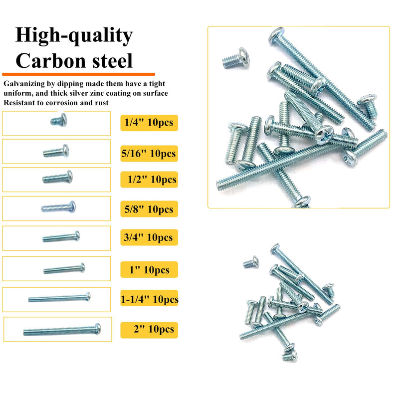 80 Pcs 8 Sizes #8-32 Machine Screws Knob Screws Cabinet Screws Electricians Screws, Carbon Steel Zinc-Plated Phillips Pan Head Machine Screws Assortment Kit #8-32-8Size-80P