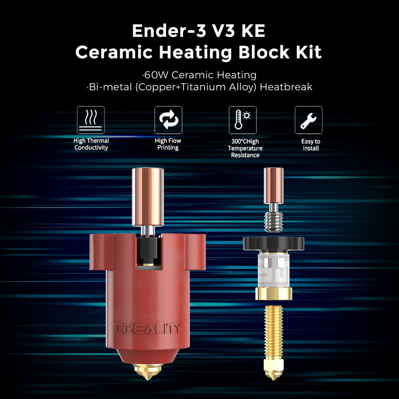 Creality Ender 3 V3 KE Hotend Kit, Original Ceramic Heating Block Kit 300°C 60W Fast Heating High Thermal Conductivity Ceramics with Bi-Metal Copper+Titanium Alloy Throat Tube and Brass Nozzle Ender 3V3 KE