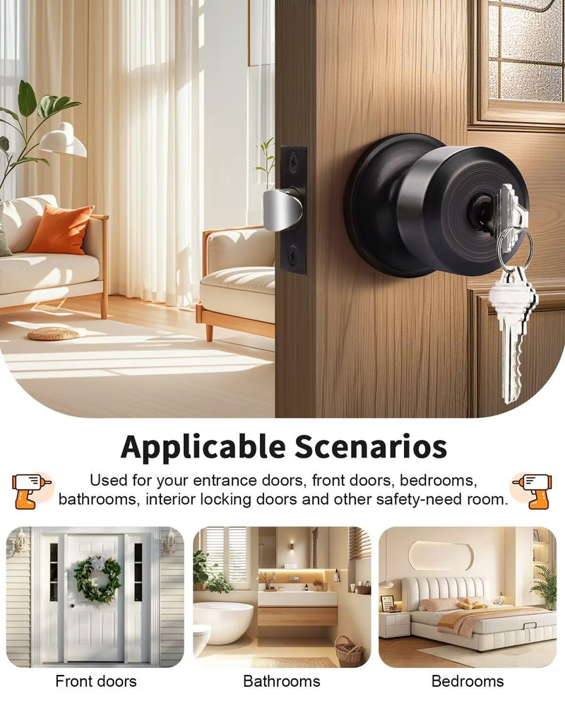 Probrico Keyed Alike Entry Door Knobs, Oil Rubbed Bronze Cylindrical Shape Interior Door Knobs with Lock and Keys,3 Pack