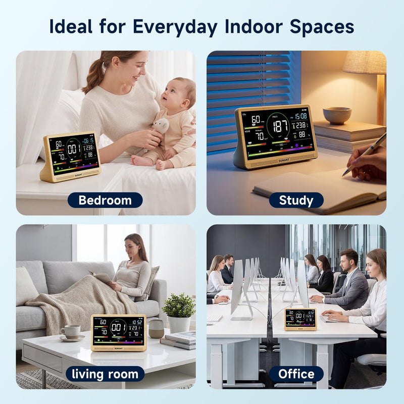 16-in-1 Air Quality Monitor Indoor, 7' Smart Large Display 9 AQI+7 Alarm Alerts, Real Time CO2, Formaldehyde, TVOC, PM2.5, PM10, Temperature & Humidity Portable Battery Powered Tester for Home, Office
