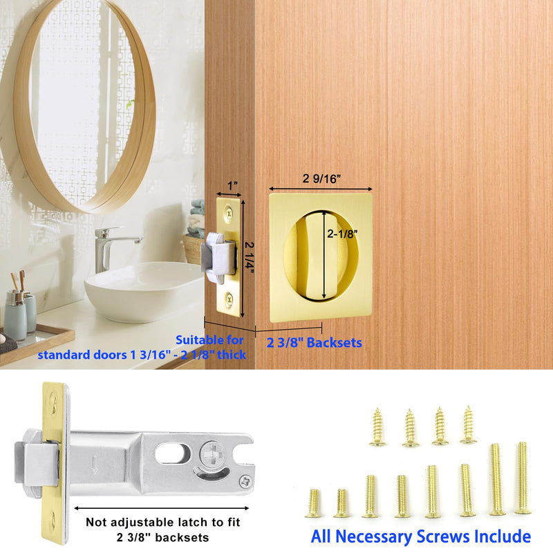 Dontay Pocket Door Passage Lock,Double Sided Rotation Privacy Lock with Large Lever,No Key Flush Mount Latch,Fits Bed&Bath Room Doors Thickness 1-3/8 to 2-3/16 inch(Satin Brass,1) Satin Brass