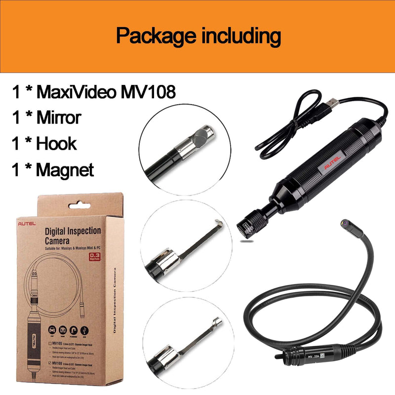 Autel MV108S MaxiVideo Digital Inspection Camera Video Scope with Waterproof Imager Head, Black, USB, Works with PC & MaxiSys Series (except MaxiSys 906)