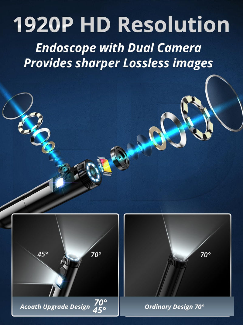 Endoscope Camera with Light, Dual-Lens 1920P HD Borescope with 8 Adjustable LED Lights, IP67 Waterproof Boroscope Inspection Camera Tools, 16.4ft Semi-Rigid Snake Camera for iOS & Android 16.4FT Snake Camera