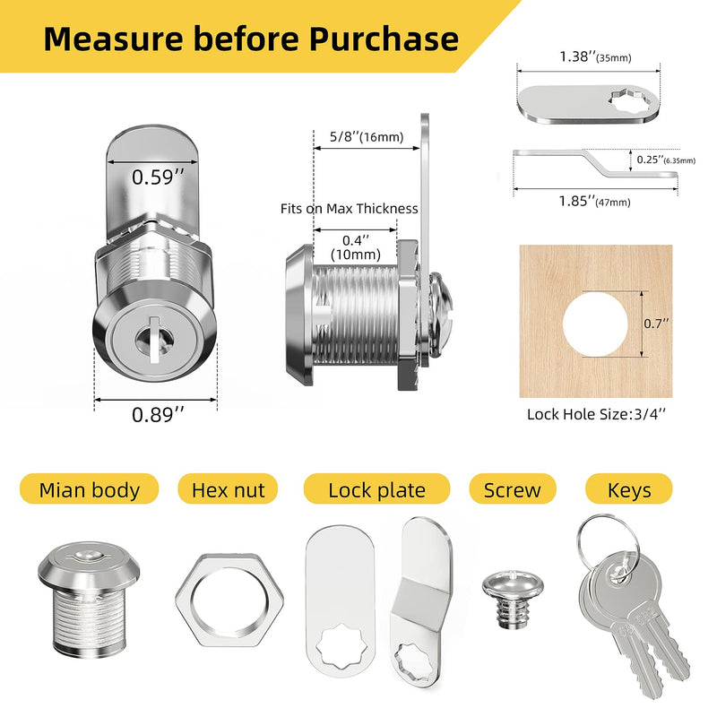 TYI Cabinet Cam Lock Set, 5 Pack Keyed Alike Cylinder Cam Locks Secure Mailbox File Drawer Dresser RV Compartment Lock Tool Box Replacement Hardware, Chrome-Finish Zinc Alloy (5/8 Inch) 5/8 Inch Keyed Alika