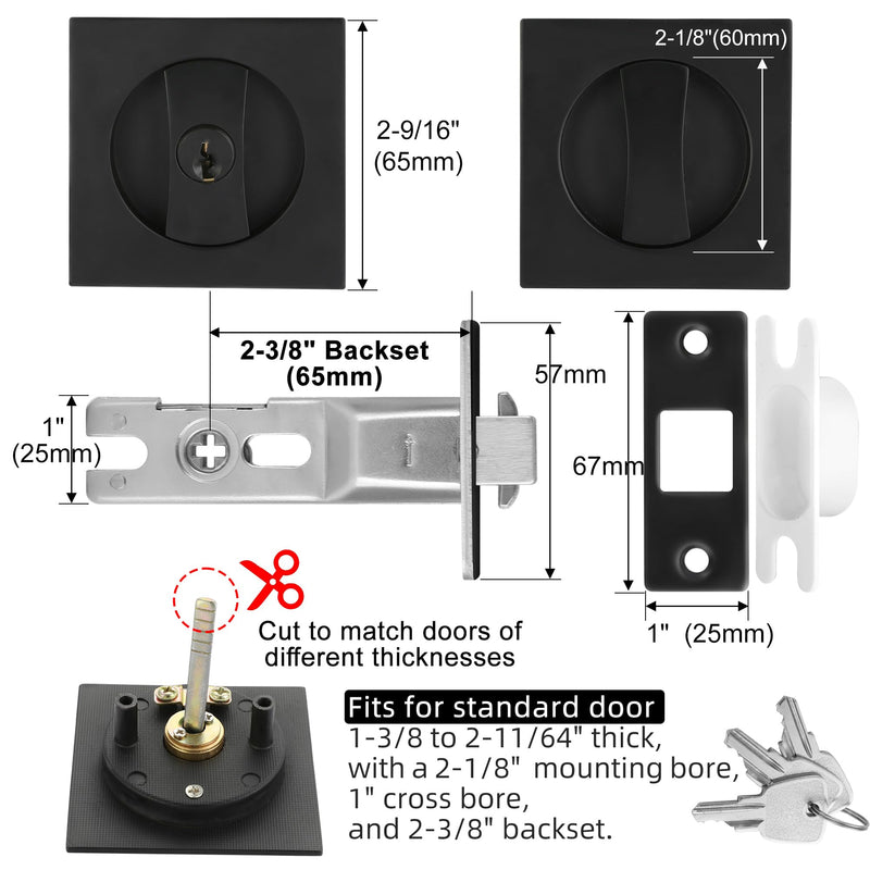 Pocket Door Lock with Key, Matte Black Pocket Door Hardware Square Door Lock for Privacy Sliding Door Bifold Door Locks Pocket Door Pull Handles Replacement Hardware Entry (with Key) -Square