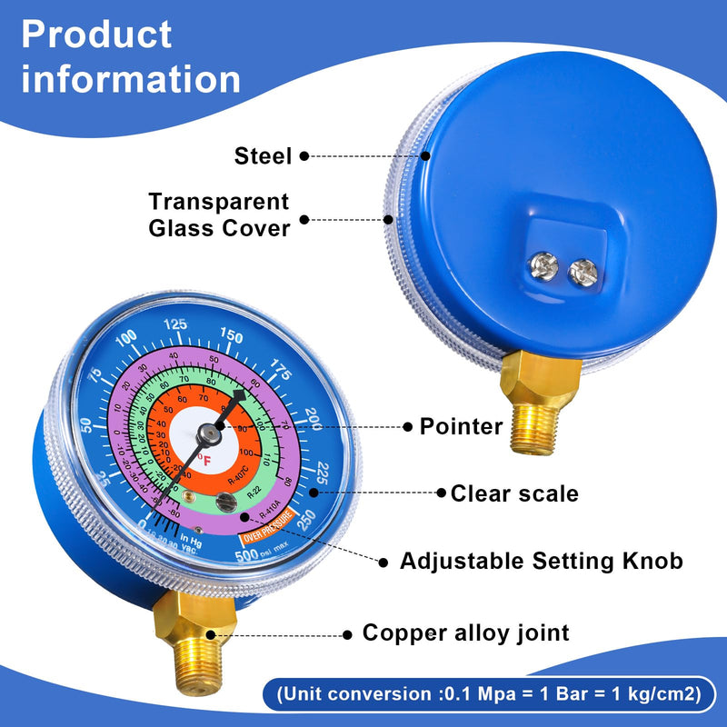 Relaxweex Refrigeration Pressure Gauge with 12'' Hose Kit R22/r404/r-410a 0-800psi 1/8" Npt Lower Mount 30inhg-0-250psi, 250-500psi & 0-800psi Degree F 40345 Blue & 40344 Red Dial (80mm(3-1/8" Dial))