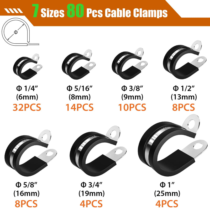 80 Pcs Cable Clamps Assortment Kit, 7 Sizes 304 Stainless Steel Metal Cable Clamp, Insulated Wire Clamps Cushion Rubber Coated Pipe Hose Clamp 1/4" 5/16" 3/8" 1/2" 5/8" 3/4" 1"