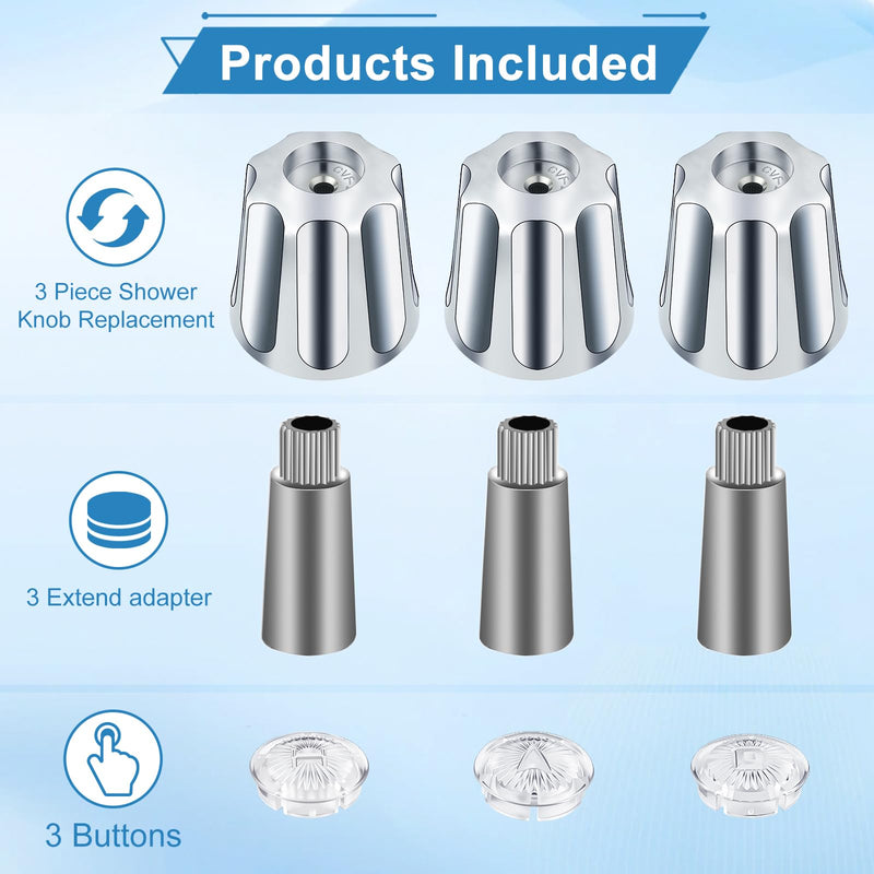 Coolfell 3 Piece Shower Knobs Replacement with 3 Extend Adapter, Compatible with Gerber Bathtub 3 Faucet Handle, 16 Point Broach Shower Handle for Short & Long Valve Stem