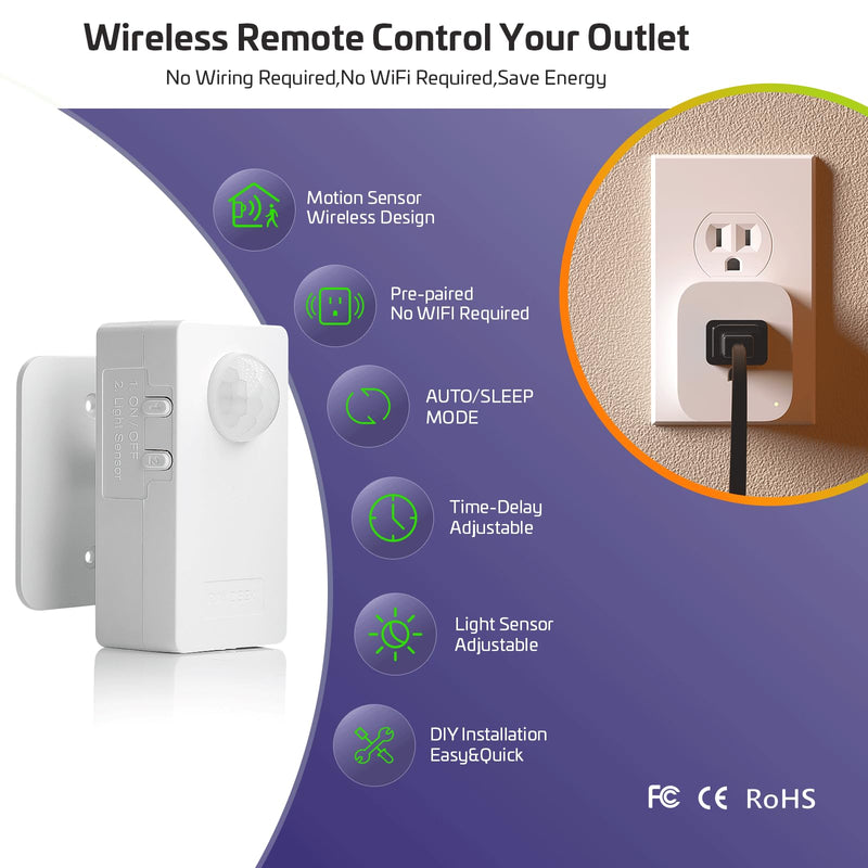 RAYZEEK Wireless Motion Sensor Control Outlet with Light Sensor,No WiFi/No APP, 2 PIR Sensor Switch Control 1 Plug for Christmas Tree Lights,Fans,Household Appliances,10A/1100W 2 Motion Sensor+plug