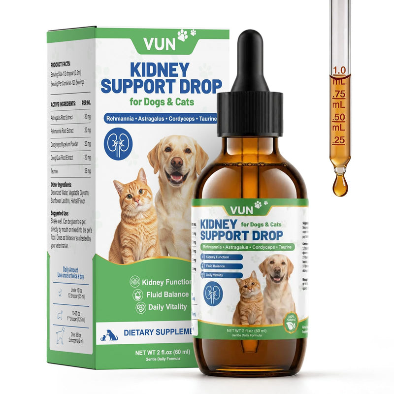 VUN Kidney Support Supplement for Dogs & Cats,Liquid Herbal Kidney&UTI Support for Kidney Urinary and Bladder Function, Fluid Balance & Energy, Easy Drops for Senior & Sensitive Pets, 60ml