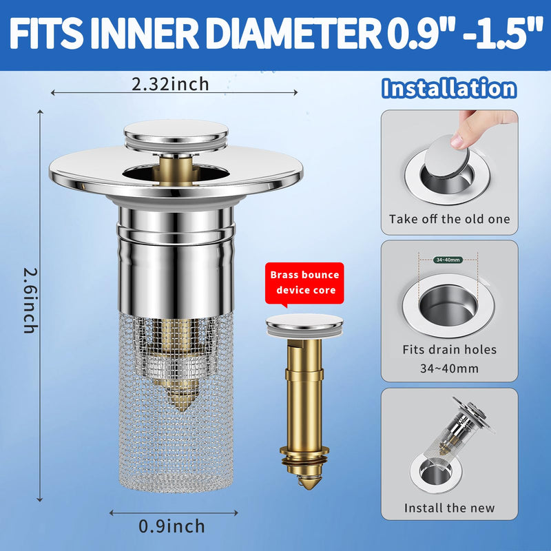 2PCS Bathroom Sink Stopper Strainer, Pop-Up Bathroom Sink Drain Strainer with Removable Stainless Steel Hair Catcher Basket, Universal Fit for US Bathroom Sinks, Bathtubs, Showers & Floor Drains 2pcs