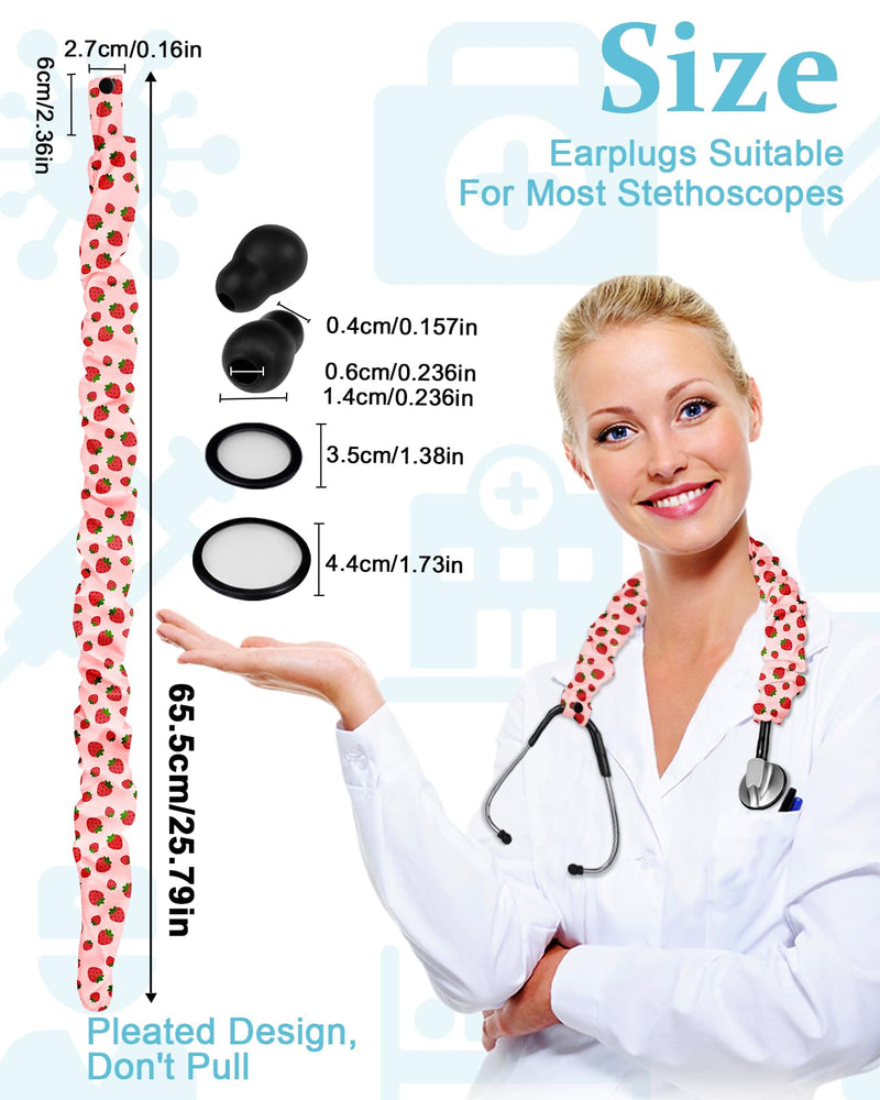 Plifal Elastic Stethoscope Cover Sleeve for Nurse Doctors Cuff Accessories - Cute Strawberry Pleated Design, Fits Most Dual-head Removable & Single-head Stethoscopes, Comes with Diaphragms & Earplugs pink