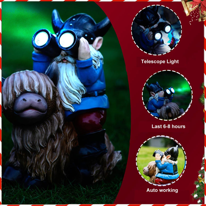 Garden Gnome Statues Resin Gnome Sitting on Highland Cow Solar Lights Outdoor Telescope Gnome Gifts for Yard, Patio Decor Gift(Cow Gnome) Cow Gnome