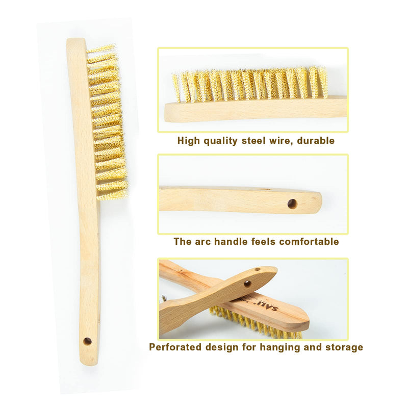 SALI Wire Brushes for Cleaning Rust Removal Heavy Duty Brass Brush Tool for Automotive,Paint , Welding Slag,Grill,Household Clean 11" Long Curved Beechwood Handle , 14X4 Rows Bristles Pack of 2