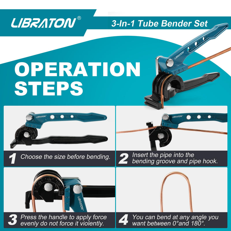 LIBRATON Tube Bender, Copper Tubing Bender 180 Degrees, 3-in-1 Manual Tubing Bending Tool 1/4", 5/16", 3/8", Copper Tube Bender Set with Mini Tube Cutter & Deburring Tool, for Aluminum Brass Pipes