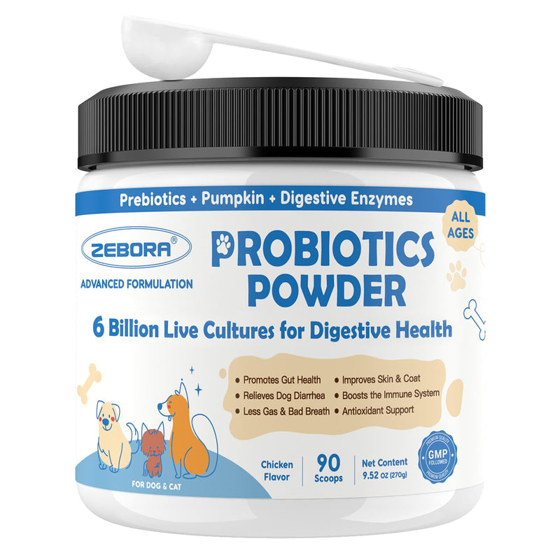 ZEBORA Probiotics for Dogs, Probiotic Powder with Pumpkin, Prebiotics & Digestive Enzymes, 6 Billion CFUs Dog Probiotics for Digestive Health, Gut & Immune Health, Chicken Flavor, 90 Scoops 9.52 Ounce (Pack of 1)