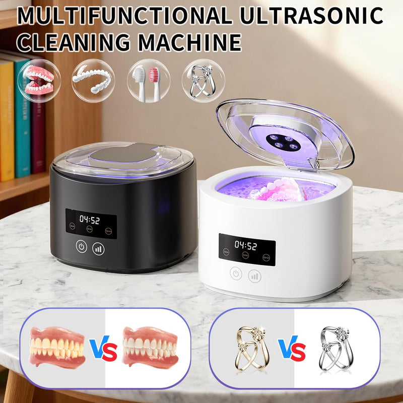 45KHz UV Ultrasonic Retainer Cleaner for Dentures Dental Aligners | 280ml tank, UV light, 3/5/10min modes and LED display for retainers, dentures, aligners, mouth guards and small jewelry