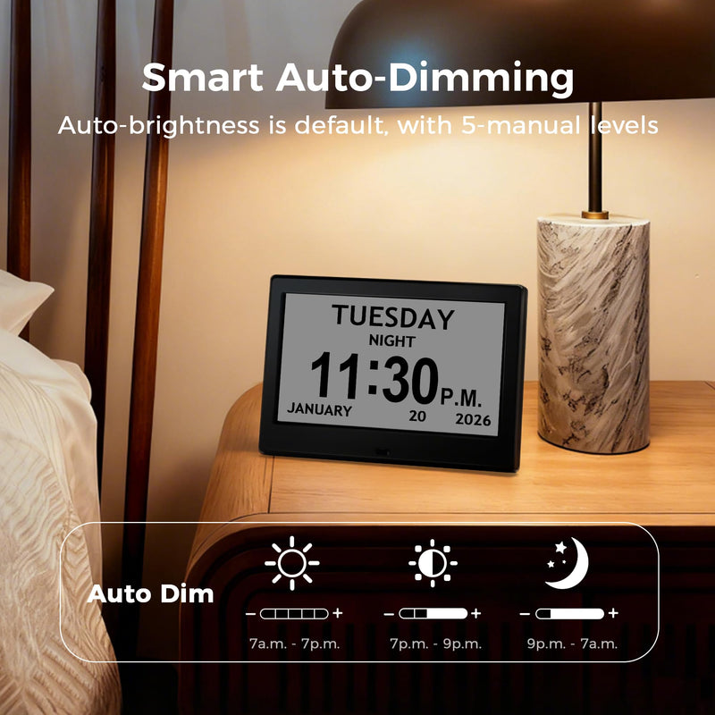 7'' Digital Clock, Dementia Clock With Date And Time, 10 Reminders, 6 Alarms, Auto-Dimming, Auto DST, Remote Control, Large Display Alarm Clock For Seniors, Gifts For People With Dementia, Alzheimers 7" Black