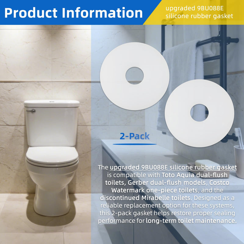 9BU088E Silicone Rubber Gasket Fits Toto Aquia, Gerber Dual-Flush Toilets | Made for Costco Watermark One-Piece Models and for Mirabelle,Toilet Gasket Replacement -2Pack