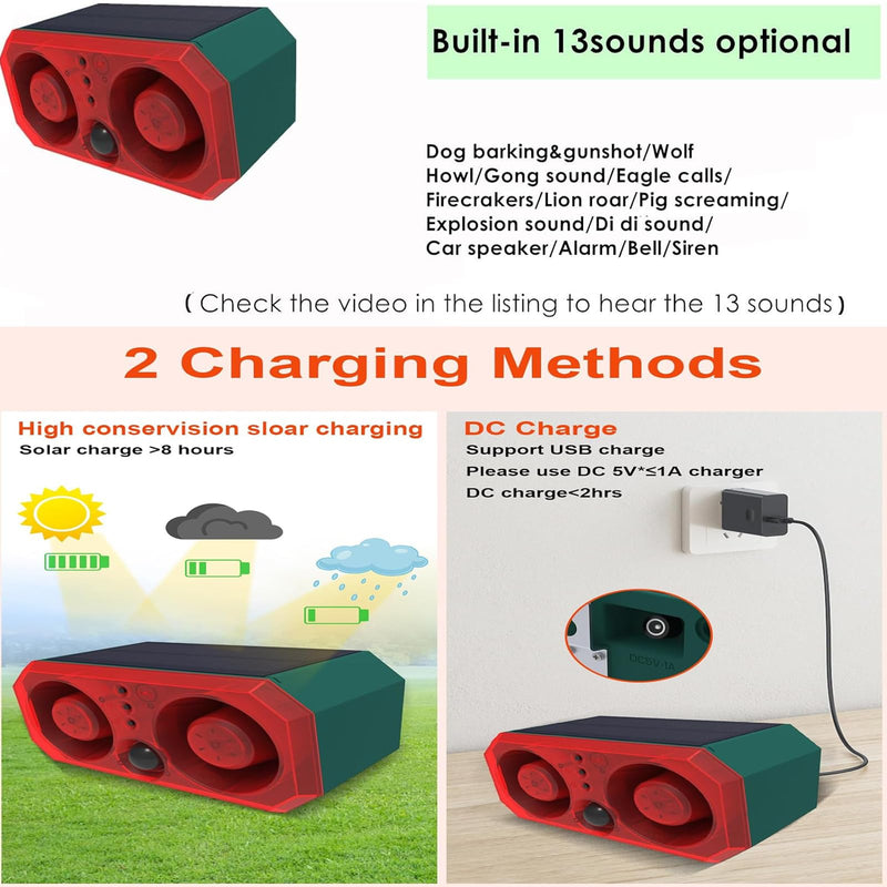 Solar Outdoor Motion Sensor Alarm with 13Sounds, WONFAST 130db Dual Speaker Gunshot Dog Barking Sound Recording and Adjustable Volume Warning Security Strobe Light for Farm Yard Orchard Barn (1PCS) 1PCS