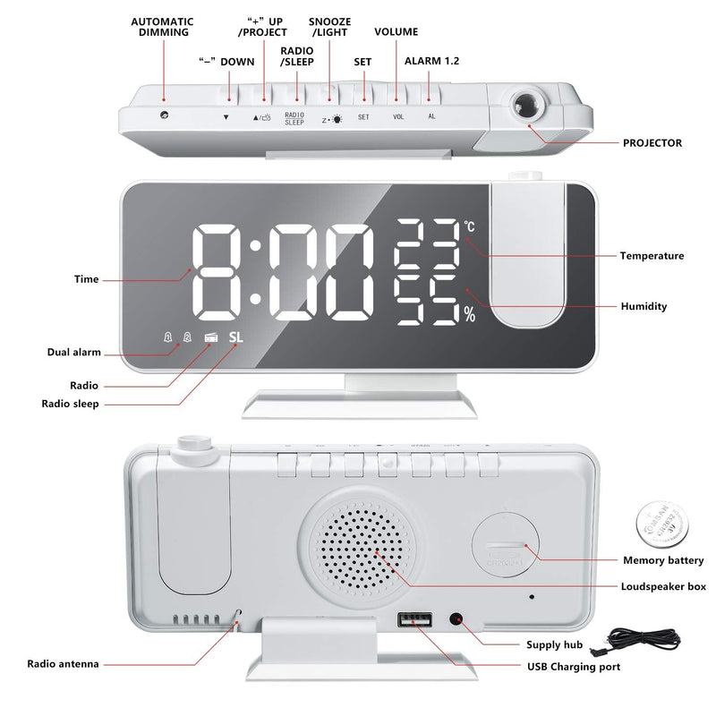 Projection Alarm Clock for Bedroom Ceiling Digital Clock Radio with USB Charger Ports, 7.3" Large LED Screen, 4 Dimmer, Dual Alarm Clock with 2 Sounds, Snooze, White