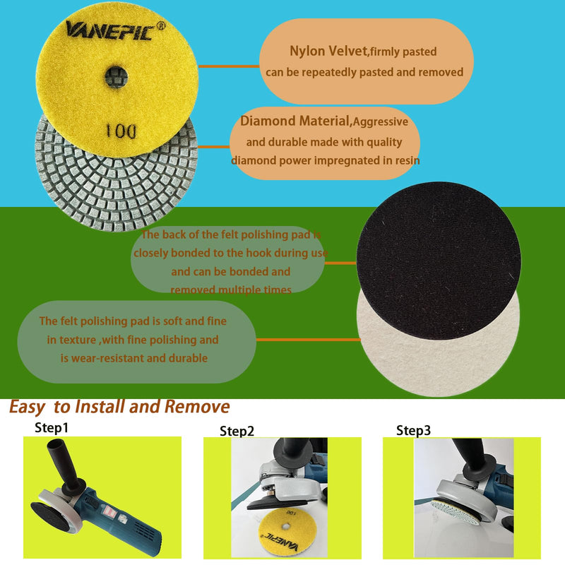 4 Inch Diamond Polishing Pads Marble polishing kit 50-3000 Wet/Dry Set 12 Pieces for Drill Grinder Polisher for Concrete Marble Quartz Stone Countertop Granite polishing refurbishment