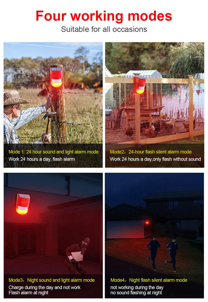 ChunHee Solar Sound & Light Alarm Outdoor Motion Sensor 129db Siren Sound Alert & 6LEDs Flash Warning Security Alarm System for Villa, Farm, Chicken Coop,Yard, Garden 3Light