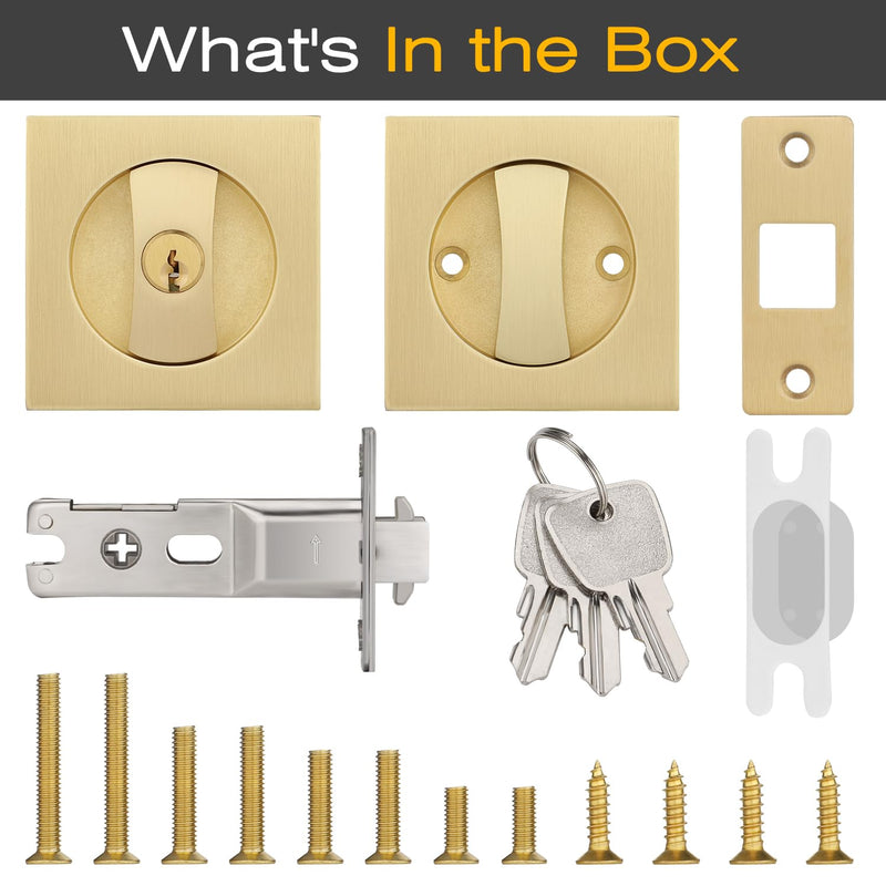 EHOMEWARE 1 Pack Brushed Gold Pocket Door Lock, Keyed Alike Pocket Door Hardware, Modern Recessed Pocket Door Handles, Heavy Duty Sliding Door Lock, Left/Right Reversible Entry Door Lock-1 Pack Satin Brass