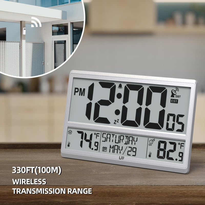 LFF Atomic Clock 4.5" Numbers, Atomic Wall Clock with Indoor & Outdoor Temperature，Never Needs Setting, Battery Operated, Date, Time, Wireless Outdoor Sensor, Jumbo Display Easy to Read Silver