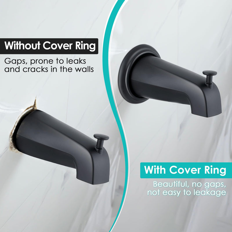 Enhon Universal Bathroom Tub Spout with Metal Tub Spout Cover Ring, 5 1/4 Inches Reach Wall Front Mount Tub Spout with Shower Diverter 1/2'' IPS Inside Thread Bathtub Faucet Spout (Matte Black) Matte Black