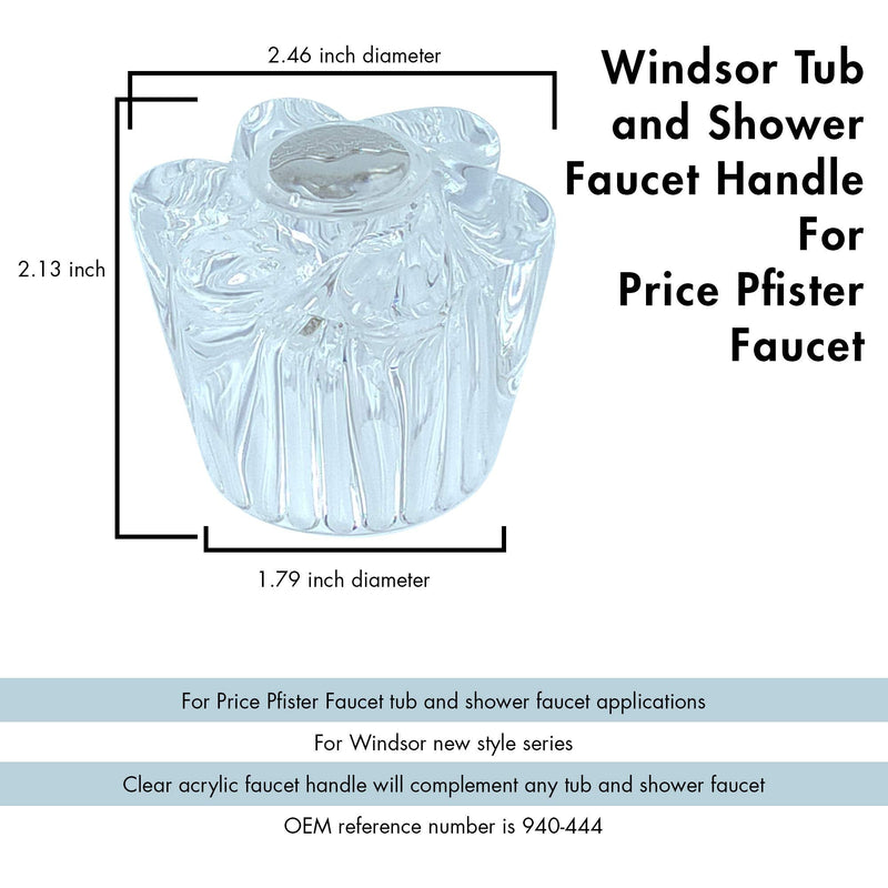 Tub and Shower 3 Piece Faucet Knob Set Compatible with Price Pfister Windsor, Clear Acrylic Replacement Handles for Hot, Cold and Diverter, 12 Spline Broach, Polished Finish