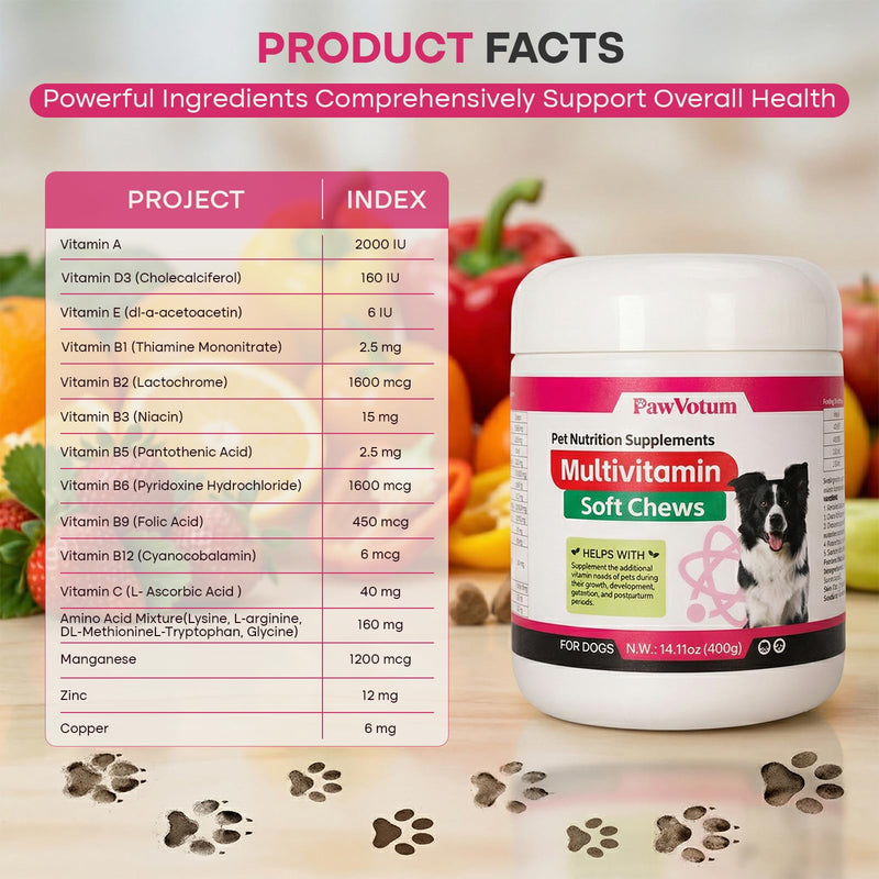 Dog Multivitamin Chews, Pet Vitamins and Supplements for Joint, Coat, Digestive Health and Immune System, Contains Vitamins, Minerals and Lysine, for Puppies, Senior Dogs and Pregnant Dogs