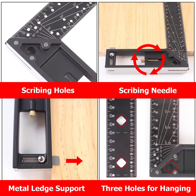 12 Inch Measuring Ruler, 45_90 Degree Hole Framing Carpenter Square Ruler, Multi-Angle Measuring Right Angle Ruler with Retractable Ledge and Scribe Mark Pin (Black)