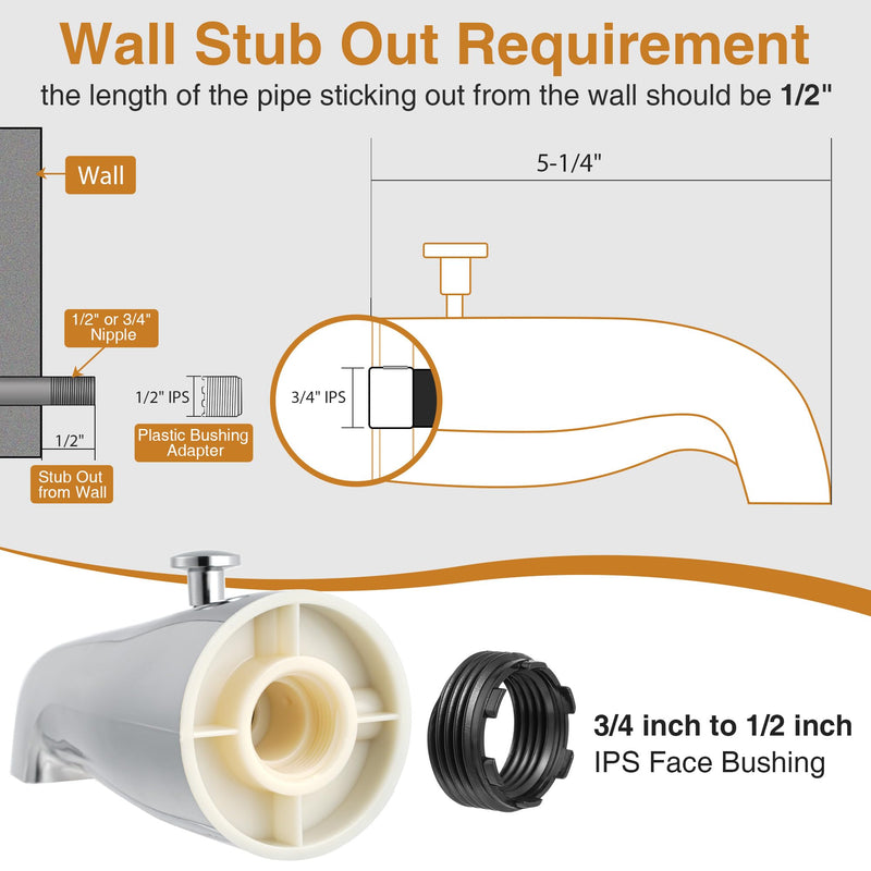 Enhon Tub Spout with Rear Diverter, Bathtub Spout Fitting 1/2-Inch or 3/4-Inch IPS, 5-1/4 Inch Length Bathroom Bathtub Faucet with Adapter, Chrome Finish Without Handheld Shower Fitting