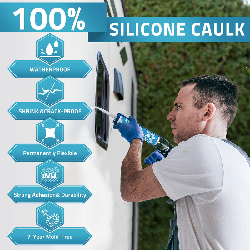 PAULINN Clear Silicone Sealant, 100% Waterproof Silicone Adhesive Caulk for Rv Marine Home Window Roof Door Kitchen Bathroom Bathtub Shower Auto Leak Seal, 10.2 Oz, 1 Packs